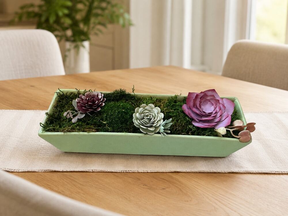 Handmade Paper Succulent & Preserved Moss Centerpiece in Sage Green Ceramic Tray